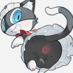 anthro anus backsack balls black_body black_fur blue_eyes blush bodily_fluids butt clothed clothing crossdressing fur genitals looking_at_viewer maid_uniform male male_anthro markings mask monobutt no_underwear pawpads paws raised_tail shortstack shortstack_male smile smirk solo sweat sweaty_anus sweaty_butt tail tail_markings uniform white_body white_fur ra_tenpu atlus megami_tensei persona_(series) persona_5 sega morgana_(persona) domestic_cat felid feline felis mammal tuxedo_cat 1:1