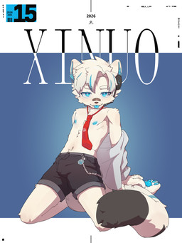 anthro band-aid band-aid_on_face band-aid_on_nose bandage bandage_on_face bandage_on_nose blue_eyes blue_pawpads blue_tongue dipstick_tail eyebrows fur hair kemono looking_at_viewer male markings necktie pawpads red_necktie tail tail_markings tongue tongue_out white_body white_fur white_hair young young_anthro young_male clamjiex xinuo_(senuosenuo) mammal 3:4 absurd_res hi_res