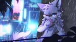 anthro blurred_background kemono kerchief kerchief_only male mostly_nude neckerchief neckerchief_only neckwear one_eye_closed raining shush solo hlg7777 canid canine mammal