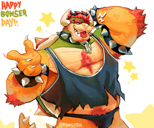 anthro arm_hair arm_tuft armpit_hair body_hair bracelet chest_hair claws clothing collar elbow_tuft eyebrows eyewear facial_hair goatee hair happy_trail horn jewelry looking_at_viewer male muscular muscular_anthro muscular_male pubes raised_arm red_hair scales shell shirt sideburns solo spiked_bracelet spiked_collar spiked_shell spikes spikes_(anatomy) sunglasses tank_top teeth text tongue tongue_out topwear torn_tank_top tuft underwear ventral_scales fungiteh bowser_day mario_bros nintendo bowser dragon_koopa koopa scalie absurd_res artist_name hi_res
