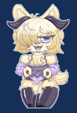 anthro arm_warmers armwear blonde_hair bodily_fluids camisole clothed clothing crossdressing ears_up fangs femboy foreskin fur furgonomics genitals hair hair_over_eye holding_clothing holding_object holding_panties holding_underwear horn latex latex_clothing latex_legwear latex_thigh_highs legwear male musk musky_balls musky_penis musky_underwear open_mouth panties penis presenting presenting_penis presenting_underwear purple_eyes simple_background solo stockings sweat sweaty_genitalia teeth thigh_highs transparent_background underwear yellow_body flowersunink lavender_(character) demon hybrid alpha_channel hi_res