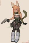 anthro arm_tuft boots breasts clothed clothing desert_eagle elbow_tuft eyelashes female footwear fur gloves gun hair handcannon handgun handwear inner_ear_fluff knee_pads machine orange_body orange_fur orange_hair pistol pouch_(clothing) ranged_weapon red_eyes shoes sitting solo tail tight_clothing trigger_discipline tuft weapon zipper maridiansnack android canid canine fox mammal robot hi_res