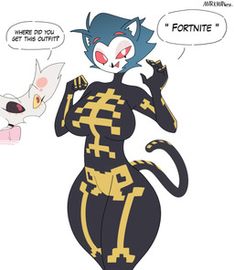anthro biped clothed clothing dialogue duo female fur grey_body male open_mouth pink_body pink_fur red_eyes red_sclera simple_background speech_bubble standing tail text three-quarter_view white_body white_eyes white_fur markmanez epic_games fortnite hazbin_hotel hellaverse helluva_boss angel_dust spice_(fortnite) stolas_(helluva_boss) avian bird demon owl owl_demon absurd_res english_text hi_res