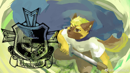 anthro blonde_hair blue_cape blue_clothing bottomwear brown_body brown_bottomwear brown_clothing brown_eyes brown_fur brown_nose brown_pants cape clothed clothing fur glistening glistening_eyes hair holding_melee_weapon holding_object holding_sword holding_weapon logo male male_anthro melee_weapon mouth_closed pants short_hair solo standing sword text weapon yellow_body yellow_fur awaldkize canid canine mammal 16:9 artist_logo artist_name hi_res widescreen