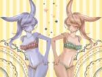 abstract_background anthro bangs bikini blue_body blue_fur blue_hair breasts brown_body brown_fur brown_hair cheek_tuft cleavage clothed clothing countershading duo facial_tuft female fur green_eyes hair hand_on_hip inner_ear_fluff kemono long_ears long_hair navel one_eye_closed ponytail red_eyes swimwear symmetry tuft two-piece_swimsuit kiyoshi lagomorph leporid mammal rabbit hi_res