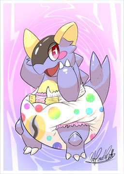 3_fingers 3_toes abstract_background ambiguous_gender anthro back_spikes blush blush_stickers claws clean_diaper clothed clothing diaper diaper_only feet finger_claws fingers hand_on_face open_mouth purple_body solo spiked_tail spikes spikes_(anatomy) standing tail text toe_claws toes topless wearing_diaper yellow_ears poofypowderbutt nintendo pokemon baby_kangaskhan generation_6_pokemon mega_evolution mega_kangaskhan pokemon_(species) absurd_res artist_name hi_res signature