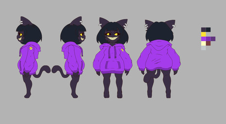 anthro black_eyes black_hair clothing digitigrade ear_piercing eyelashes female front_view fur grey_background hair hoodie piercing purple_body purple_clothing purple_fur purple_hoodie purple_topwear rear_view sharp_teeth short_hair side_view simple_background smile solo teeth topwear yellow_sclera lil_vomit spooky_(spooky_pookie) domestic_cat felid feline felis mammal hi_res