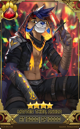 anthro bandage bandaged_arm black_bottomwear black_clothing black_pants black_topwear blue_body blue_fur blue_hair blue_horn blue_nose bottomwear clothed clothing dagger facial_markings fur glistening glistening_eyes grin hair head_markings holding_dagger holding_melee_weapon holding_object holding_weapon horn male markings melee_weapon pants sitting smile solo tan_body tan_fur text topwear weapon yellow_eyes penguinexperience angra_(iamsdog) canid mammal artist_name