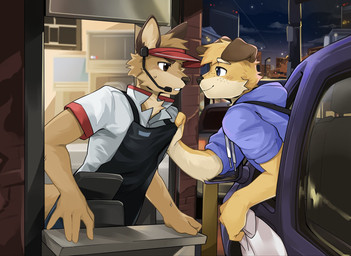 anthro apron car clothed clothing detailed_background drive-thru duo grabbing_another hat headgear headwear hoodie male topwear vehicle everythingbagel canid canine mammal hi_res