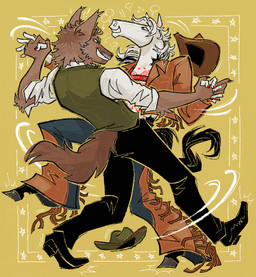 anthro boots border brown_body brown_fur clothed clothing collared_shirt cowboy cowboy_boots cowboy_hat cowboy_outfit dancing duo facial_hair fluffy fluffy_tail footwear fur hand_holding hat headgear headwear jacket male male/male motion_lines mustache pointy_ears shirt shoes tail topwear vest white_body white_fur yellow_border jariloxe canid canine canis coyote equid equine horse mammal hi_res
