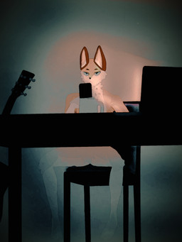 acoustic_guitar anthro computer container cup electronics guitar male musical_instrument phone plucked_string_instrument simple_background sitting solo string_instrument nightlight5 canid canine fox mammal 3:4 hi_res