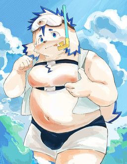 anthro belly bottomwear clothing eyewear floppy_ears fur goggles male moobs navel nipples shorts slightly_chubby solo swimwear white_body white_fur asirbgwxt tamacolle tajima_(tamacolle) canid canine canis domestic_dog mammal hi_res