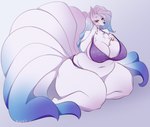 anthro big_breasts bra breasts chest_tuft cleavage clothed clothing female fur hair huge_breasts long_hair looking_at_viewer multi_tail navel one_eye_closed panties simple_background sitting smile solo tail thick_thighs tuft underwear white_body white_fur wide_hips wink bunnywhiskerz nintendo pokemon canid canine generation_1_pokemon generation_3_pokemon mammal ninetales pokemon_(species) shiny_pokemon 2022 digital_media_(artwork)