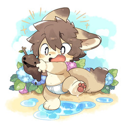 anthro brown_body brown_eyes brown_hair chibi clothed clothing countershading fangs flower hair holding_object kemono male open_mouth pawpads plant puddle solo teeth underwear underwear_only dogblin canid canine fox mammal 1:1 2025 chinese_description hi_res
