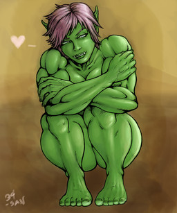 blue_eyes breasts crouching female green_body green_skin hair heart_symbol humanoid_pointy_ears looking_at_viewer muscular muscular_female muscular_humanoid not_furry nude nude_female nude_humanoid pink_hair pointy_ears solo tusks 34san blizzard_entertainment warcraft humanoid orc 5:6 hi_res