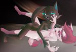 abstract_background anthro black_body black_fur breasts duo exposed_breasts female female/female female_on_top fur hair hand_on_face multi_tail nude on_top pink_hair playful playful_face raised_tail scar smile tail white_body white_fur kuwsh epic_games fortnite kimiko_five-tails pack_leader_highwire canid canine canis fox mammal wolf absurd_res hi_res