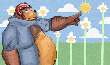 anthro arm_hair black_hair black_nose blue_sky body_hair brown_body brown_ears brown_fur cloud flower fur gesture hair hand_gesture male navel overweight overweight_anthro overweight_male plant pointing red_hair round_ears short_hair side_view sky snout solo sun white_clouds teddybearlumpkins bear mammal 2007 half-length_portrait portrait