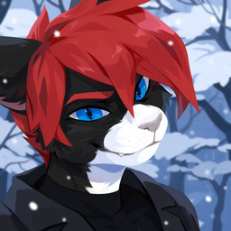 ambiguous_gender anthro black_body black_clothing black_fur black_topwear blue_eyes closed_smile clothed clothing detailed_background eyebrows fur glistening glistening_eyes grey_clothing grey_jacket grey_topwear hair jacket looking_at_viewer mouth_closed outside plant red_eyebrows red_hair short_hair smile snow solo topwear tree unsigned whiskers white_body white_fur corzh77 domestic_cat felid feline felis mammal 1:1 absurd_res bust_portrait detailed hi_res icon portrait