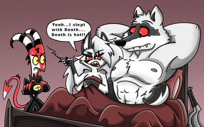 after_sex anthro bed black_nose black_sclera breasts cigarette clothed clothed_humanoid clothed_male clothing dialogue disappointed female fur furniture group male male/female muscular muscular_anthro muscular_male navel nipples nude nude_anthro nude_female nude_male on_bed red_body red_eyes red_sclera red_skin sitting sitting_on_bed speech_bubble suit text trio white_body white_eyes white_fur shinragod dreamworks hellaverse helluva_boss mythology puss_in_boots_(franchise) blitzo_(helluva_boss) death_(puss_in_boots) loona_(helluva_boss) canid canid_demon canine canis demon hellhound humanoid imp mammal mythological_canine mythological_creature wolf 16:10 english_text hi_res widescreen adopted_(lore) adopted_daughter_(lore) adoptive_father_(lore)