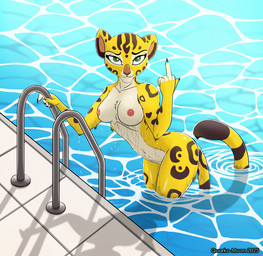 5_fingers anthro anthrofied breasts female fingers fur gesture hand_gesture humanoid_hands markings medium_breasts middle_finger navel nipples nude nude_anthro nude_female partially_submerged pink_nose skinny_dipping smile solo spots spotted_body spotted_fur swimming_pool tail water wet wet_body wet_fur yellow_body yellow_fur quarko-muon disney the_lion_guard the_lion_king fuli cheetah felid feline mammal 2025 hi_res signature