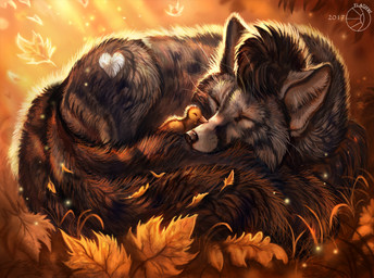 ambiguous_gender autumn beak black_hair black_lips black_nose brown_body brown_fur butt day detailed_background detailed_fur duo eyes_closed feathers feral fluffy fluffy_tail fur grass grey_body grey_fur hair inner_ear_fluff leaf light lips long_mouth lying multi_tail nature outside pink_beak plant shadow short_hair size_difference sleeping snout sunlight tail tuft whiskers white_body white_fur yellow_body yellow_feathers flashw anatid anseriform avian bird canid canine duck fox mammal 2017 brown_theme character_request detailed digital_media_(artwork)