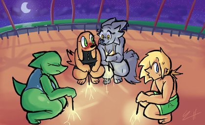 annoyed anthro beach bikini black_clothing black_swimwear blonde_hair blue_body blue_clothing blue_eyes blue_fur blue_swimwear blush blush_lines bodily_fluids brown_body brown_fur clothing crescent_moon eyes_closed female flustered fur gold_bikini green_body green_clothing green_eyes green_fur green_swimming_trunks green_swimwear group hair looking_aside male moon night sparklers sweat sweatdrop swimming_trunks swimwear two-piece_swimsuit yellow_eyes biscotti5000 helio_(biscotti5000) jane_(biscotti5000) nyx_(biscotti5000) sam_(biscotti5000) canid canine canis domestic_dog fox human hybrid lizard mammal reptile scalie wolf hi_res adopted_(lore) cousins_(lore)