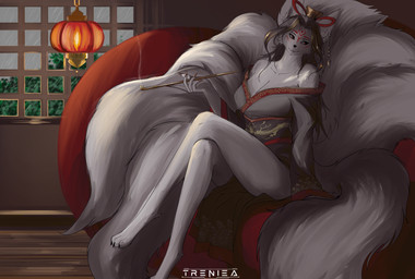 anthro asian_clothing black_hair chinese_clothing clothing dimmed_lights ear_piercing east_asian_clothing female fur hair lamp lantern marks_on_body paper_lantern piercing raining red_eyes smoking_pipe solo white_body white_fur treniea canid canine fox fox_spirit mammal absurd_res hi_res