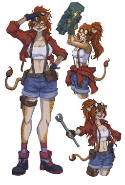anthro blue_eyes bottomwear brush_tail claws clothing eyewear eyewear_on_head fangs female footwear fur goggles goggles_on_head hair hotpants jacket markings ponytail red_hair shirt shoes shorts solo spots spotted_body spotted_fur suspenders tank_top teeth tongue tongue_out tool_belt tools topwear welding welding_torch wrench murchie drone_commander kirta_(drone_commander) cheetah felid feline mammal sekarri absurd_res hi_res