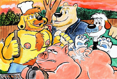 anthro areola backyard barbecue barbell_piercing bdsm beard beer_bottle beer_cans black_nose blue_body blue_clothing blue_fur blue_shirt blue_topwear bodily_fluids bondage bottle bound butt character_prepared_as_food chef_hat clothing container cooking curled_tail drooling ear_piercing eyewear facial_hair fence food fur glasses green_clothing green_shirt green_topwear grill group hair half_clothed hat headgear headwear hoof_hands imminent_vore licking licking_lips lying male meat mustache nipple_piercing nipples nude oil on_front open_mouth open_smile orange_body orange_fur pawpads piercing pink_body pink_skin plant pork predator/prey rope saliva shirt short_hair smile snout summer sunset swimwear tail tongue tongue_out topwear tree wearing_glasses white_body white_fur worried yellow_body yellow_fur billy_fore bill_beagle kon_shearo kosh beagle bear bird_dog canid canine canis domestic_dog domestic_pig golden_retriever hunting_dog mammal retriever scent_hound suid suine sus_(pig) absurd_res hi_res painting_(artwork) traditional_media_(artwork) traditional_painting_(artwork) traditional_watercolor_(artwork) watercolor_(artwork)