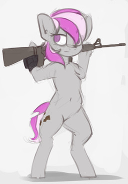 alternate_universe chest_tuft cutie_mark eyelashes featureless_crotch female feral fluffy fluffy_tail front_view frown fur fur_tuft grey_body grey_fur gun hair half-closed_eyes holding_gun holding_object holding_ranged_weapon holding_rifle holding_weapon hooves long_hair looking_aside looking_at_viewer multicolored_body multicolored_fur multicolored_hair multicolored_tail narrowed_eyes navel pink_hair pink_tail pip-boy pointy_ears pose prick_ears purple_eyes purple_hair purple_tail quadruped ranged_weapon rifle shadow simple_background snout solo standing tail tuft two_tone_hair two_tone_tail wavy_hair weapon white_background wristband marsminer fallout fallout_equestria foe:_heroes friendship_is_magic hasbro microsoft my_little_pony fan_character hired_gun_(fallout_equestria) silver_storm_(fallout_equestria) earth_pony equid equine horse mammal pony crossover full-length_portrait hi_res portrait
