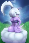 big_butt bodily_fluids butt butt_slap cloud female hair hidden_eyes looking_back ponytail purple_body short_stack slap smile smirk solo spanking sweat sweatdrop taunting text white_hair darkafterdark palworld pocketpair dazzi_(pal) humanoid pal_(species) hi_res