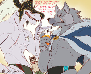 abdominal_scar anthro beard beverage black_clothing black_helmet black_nose black_sclera black_speedo black_swimwear blue_eyes brown_hair cape chest_scar cloak clothed clothing container cup drinking_straw facial_hair facial_scar fangs fur glass glass_container glass_cup gradient_background green_clothing green_speedo green_swimming_trunks green_swimwear grey_arms grey_body grey_ears grey_fingers grey_fur grey_hands grey_inner_ear group hair headgear headwear long_hair male male_anthro pink_inner_ear pink_tongue scar shirtless shirtless_anthro shirtless_male simple_background speedo swimming_trunks swimwear tan_body tan_fur teeth text tongue topless topless_anthro topless_male trio white_body white_fur yellow_background dahecksajerry elden_ring fromsoftware blaidd_(elden_ring) maliketh_(elden_ring) canid canine canis mammal wolf 2025 english_text hi_res