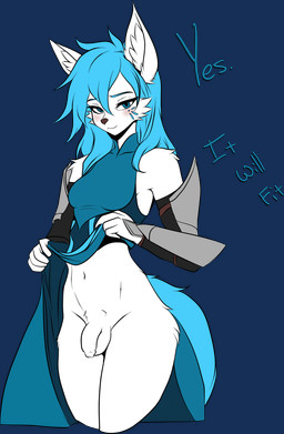 anthro armor balls blue_clothing blue_dress blue_eyes clothed clothing clothing_lift dialogue dress dress_lift flaccid foreskin front_view genitals gynomorph happy humanoid_genitalia humanoid_penis intersex markings penis presenting presenting_penis robe smile solo tail teasing text white_balls snowiefeather thermia_(character) canid canine canis fox hybrid mammal wolf alpha_channel english_text hi_res