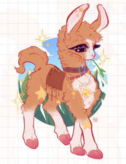 ambiguous_gender band-aid band-aid_on_face band-aid_on_nose bandage bandage_on_face bandage_on_nose cloven_hooves feral fur hooves jewelry necklace object_in_mouth solo wheat wheat_in_mouth wool_(fur) takoya_de camelid llama mammal hi_res