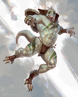 abs anthro biceps big_muscles bottomwear claws clothing huge_muscles loincloth looking_at_viewer male muscular muscular_anthro muscular_male open_mouth pecs scales snoh solo tail teeth tongue vein taran_fiddler lizard reptile scalie 4:5 hi_res