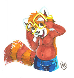 anthro belly big_belly black_nose brown_body brown_fur brown_tail clothed clothing eyewear front_view fur glasses head_tuft logo looking_at_viewer male markings open_mouth open_smile orange_body orange_fur orange_tail rectangular_glasses red_tongue smile solo striped_markings striped_tail stripes tail tail_markings tongue topless tuft white_body young young_anthro young_male pandapaco pablo_(pandapaco) ailurid mammal red_panda artist_logo portrait signature three-quarter_portrait
