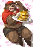 anthro belly blush bottomwear brown_body brown_fur bulge clothing fur hat headgear headwear humanoid_hands kemono male one_eye_closed overweight overweight_anthro overweight_male shirt shorts solo text topwear wink raichoclub bear mammal 2020 hi_res