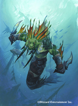 anthro apode armor belt bubble dagger fin green_body green_scales holding_dagger holding_melee_weapon holding_object holding_weapon jewelry legless male melee_weapon scales serpentine shipwreck solo swimming underwater water weapon wayne_reynolds blizzard_entertainment hearthstone warcraft ambient_fish ambient_sealife draconcopode naga naga_(warcraft) 2021 official_art traditional_media_(artwork)