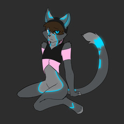anthro blue_eyes bottomless brown_hair clothed clothing hair hoodie hoodie_only kneeling machine male pink_clothing pink_shirt pink_topwear shirt shy sitting slim solo topwear topwear_only alrecsolus alrec_(character) android felid feline mammal robot 1:1 hi_res