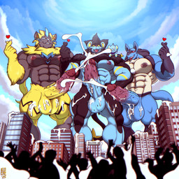 anthro balls big_muscles big_penis black_body black_fur blue_body blue_fur blush bodily_fluids city cum cum_on_balls cum_on_face cum_on_ground cum_on_penis erection excessive_cum excessive_genital_fluids eyes_closed finger_heart flooding fur genital_fluids genital_outline genitals group heart_symbol humanoid_genitalia humanoid_penis macro male muscular muscular_male orgasm penis spines tongue tongue_out worship yellow_body yellow_fur modem_redpill nintendo pokemon canid canine felid generation_4_pokemon generation_7_pokemon legendary_pokemon lucario luxray mammal pokemon_(species) shinx zeraora 1:1 absurd_res hi_res