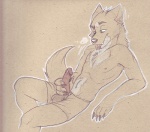 anthro bodily_fluids canid canine clothed clothing cum cum_drip dripping erection genital_fluids genitals holding_penis male mammal orgasm penis saliva solo topless zeriara