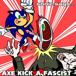 5_fingers action_pose anthro armband black_facial_hair black_hair black_mouth black_mustache black_nose blood bloodshot_eyes blue_body blue_ears blue_fur blue_quills blue_tail bodily_fluids brown_uniform button_(fastener) clothed clothed_human clothed_male clothing countershade_torso countershading duo ellipsis emanata facial_hair fingernails fingers footwear fur gloves green_eyes grey_eyes hair handwear kick larger_human larger_male light_body light_skin male male_anthro male_human missing_tooth motion_blur mustache nails nazi nazi_uniform pink_tongue politics pose pupils radial_speed_lines red_background red_clothing red_footwear red_shoes red_sneakers shoes simple_background size_difference smaller_anthro smaller_male sneakers speed_lines swastika tail tan_arms tan_body tan_countershading tan_inner_ear teeth text tongue violence white_clothing white_gloves white_handwear white_text yellow_emanata kolsan sega sonic_the_hedgehog_(series) adolf_hitler sonic_the_hedgehog eulipotyphlan hedgehog human mammal 1:1 2025 flat_colors hi_res high_contrast