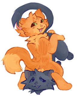 ambiguous_gender backsack balls balls_on_head blue_eyes blush blush_lines cheek_tuft chest_tuft claws countershade_torso countershading dipstick_tail facial_tuft feral fur genitals gloves_(marking) grabbing_from_behind green_eyes grey_body grey_fur head_tuft looking_at_another male markings open_mouth orange_body orange_fur pawpads pinned pinned_head pinned_to_ground raised_tail sitting sitting_on_another sitting_on_head smile spread_legs spreading student tail tail_markings teacher teacher_and_student teeth tuft conditional_dnp waterthissport warriors_(book_series) cinderpelt_(warriors) firestar_(warriors) domestic_cat felid feline felis mammal tabby_cat low_res