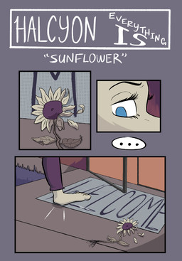 anthro blue_eyes clothed clothing duo feet female flower fur plant solo sunflower text lost_andsafe halcyon_(series) sunflower_(halcyon) lagomorph leporid mammal rabbit 2025 absurd_res comic digital_media_(artwork) english_text hi_res