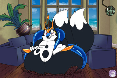 2_tails anthro beach beach_house bodily_fluids building concern floor_smashed furniture hand_on_belly house humor inside_house king male multi_tail obese orb overweight overweight_anthro plant royalty sea_glass smashing smashing_through_floor sofa sweat tail hyperchibiabsol nintendo pokemon empoleon floatzel generation_4_pokemon hybrid pokemon_(species) 3:2 hi_res