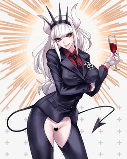 alcohol alternative_fashion beverage big_breasts breasts clothed clothing container crossdressing crotchless_clothing cup drinking_glass female genitals glass glass_container glass_cup gloves hair handwear heart_censor heart_symbol horn j-fashion long_hair markings mole_(marking) necktie no_underwear not_furry occult_symbol ouji_(fashion) red_eyes sigil sigil_of_lucifer simple_background solo spade_tail standing symbol tail tomboy vulva white_hair white_horn wine wine_glass bansanv3 helltaker lucifer_(helltaker) horned_humanoid humanoid 4:5 censored hi_res portrait three-quarter_portrait