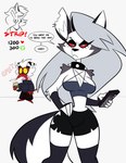 anthro big_breasts black_bottomwear black_clothing black_eyeshadow black_nose black_shorts blue_clothing blue_topwear bottomwear breasts cheek_tuft cleavage clothed clothing collar dialogue duo ear_piercing electronics eyelashes eyeshadow facial_tuft female grey_background grey_clothing grey_hair grey_legwear grey_thigh_highs hair holding_object holding_phone horn legwear long_hair makeup male notched_ear phone piercing red_sclera shorts simple_background spiked_collar spikes strip_game tail text thick_thighs thigh_highs topwear tuft white_eyes wide_hips monamania helluva_boss mythology loona_(helluva_boss) canid canid_demon canine demon hellhound horned_humanoid humanoid imp mammal mythological_canine mythological_creature tailed_humanoid absurd_res hi_res