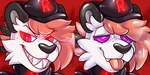 ambiguous_gender anthro black_hair black_nose clothed clothing fur glistening glowing glowing_eyes grin hair hat headgear headwear hypnosis latex mind_control red_background red_eyes red_hair ringed_eyes sharp_teeth simple_background smile solo teeth tongue tongue_out white_body white_fur rindeadsong nintendo pokemon team_rocket roxxie_schnee felid mammal pantherine snow_leopard 2021 digital_drawing_(artwork) digital_media_(artwork) icon