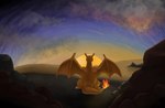 desert fire flaming_tail male rock sky solo spread_wings sunrise sunset tail view wings fatunicorn nintendo pokemon charizard generation_1_pokemon pokemon_(species) hi_res