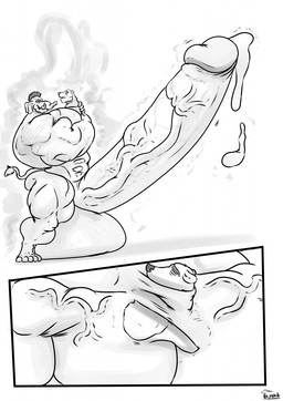 absorb absorbing absorption_vore anthro arm_hair back_muscles balls big_balls big_muscles big_pecs big_penis bodily_fluids body_hair chest_hair cum duo genital_fluids genitals hairy huge_balls huge_muscles huge_pecs huge_penis hyper hyper_balls hyper_genitalia hyper_muscles hyper_penis male male/male mohawk muscular muscular_anthro muscular_arms muscular_male muscular_thighs pecs penis proboscis_(anatomy) tight_hug trunk_(anatomy) tusks vein veiny_muscles veiny_penis vore uniparasite xythan_(character) bear elephant elephantid mammal proboscidean comic hi_res monochrome
